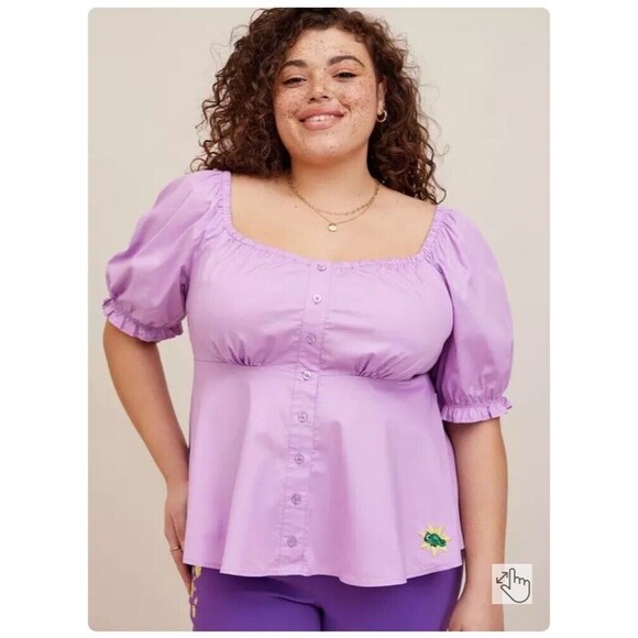 NWT‎ Torrid Disney Tangled Rapunzel Peplum Top Purple Stretch Poplin Size 3X - Picture 1 of 15